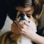 A woman lovingly embraces her Corgi dog indoors, displaying a strong bond.